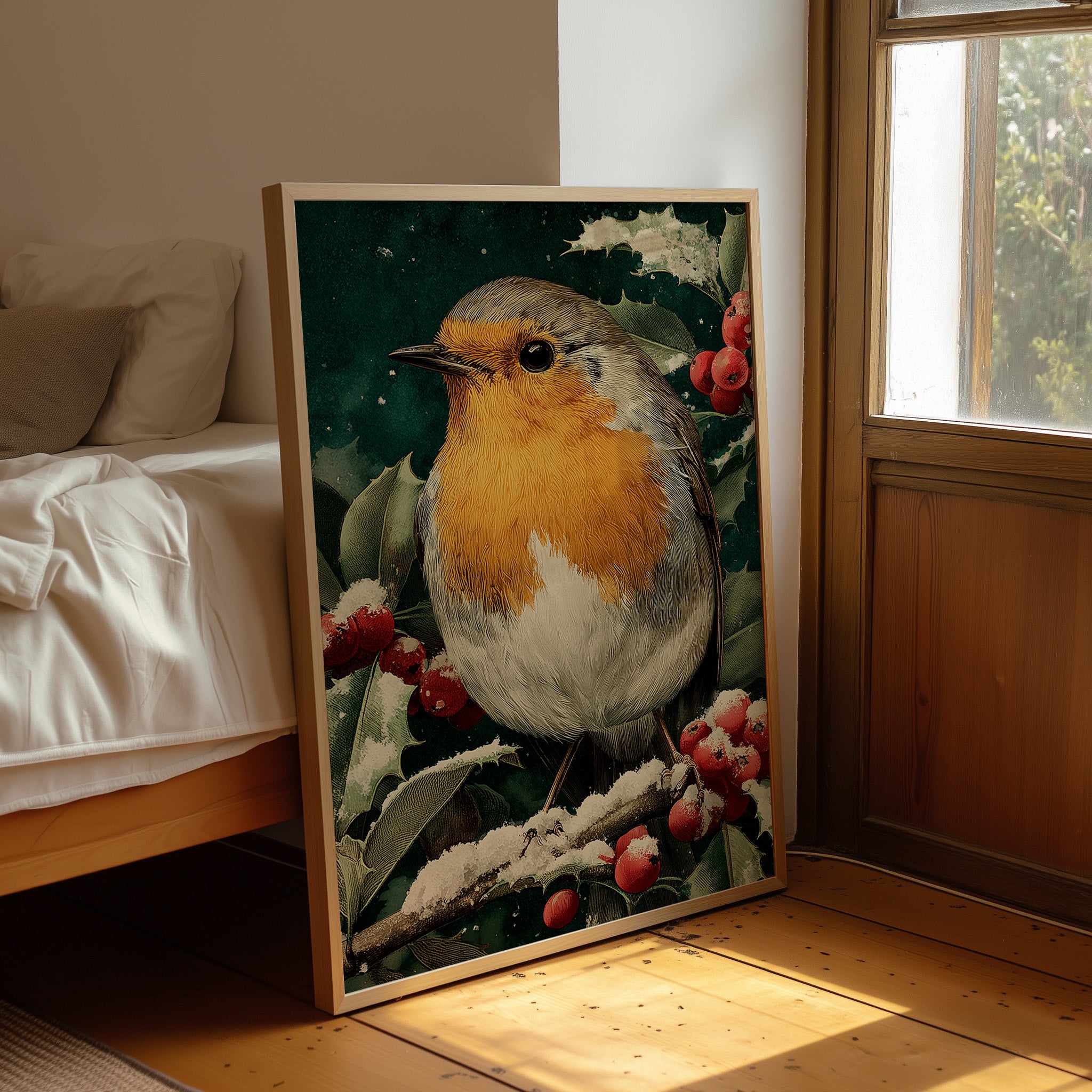 Robin in the Holly Snow
