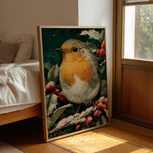 Robin in the Holly Snow
