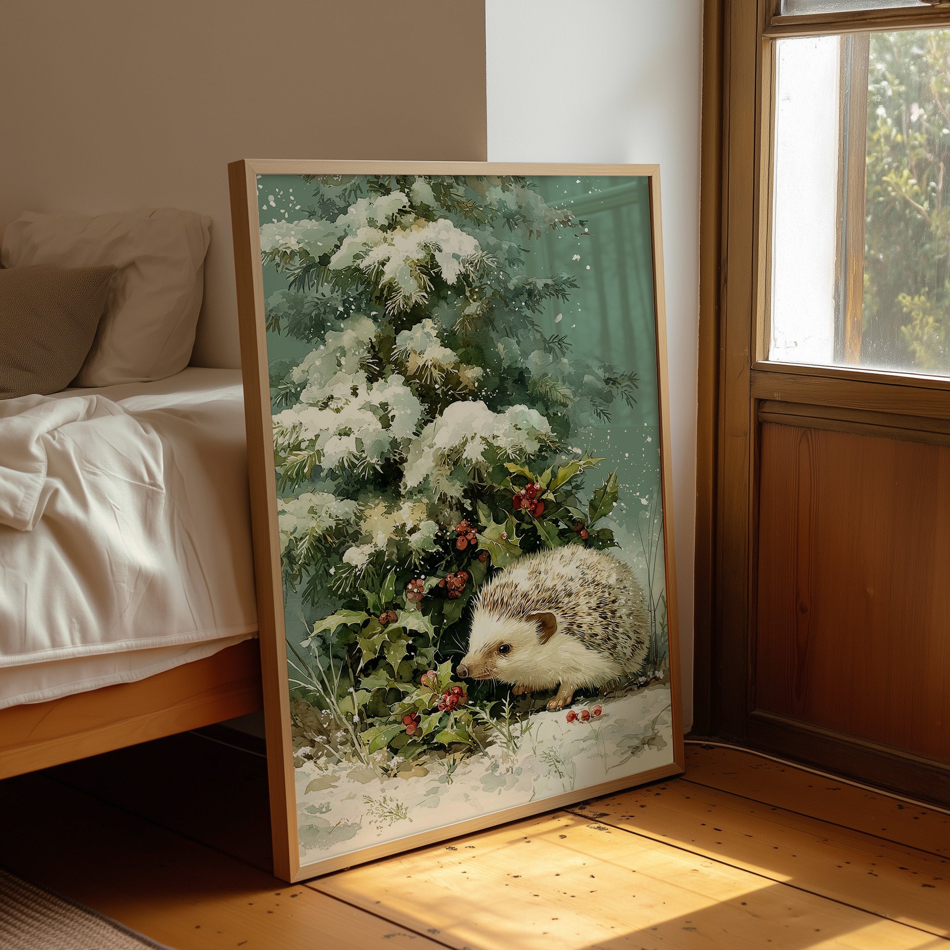 Hedgehog Beneath Snowy Pine