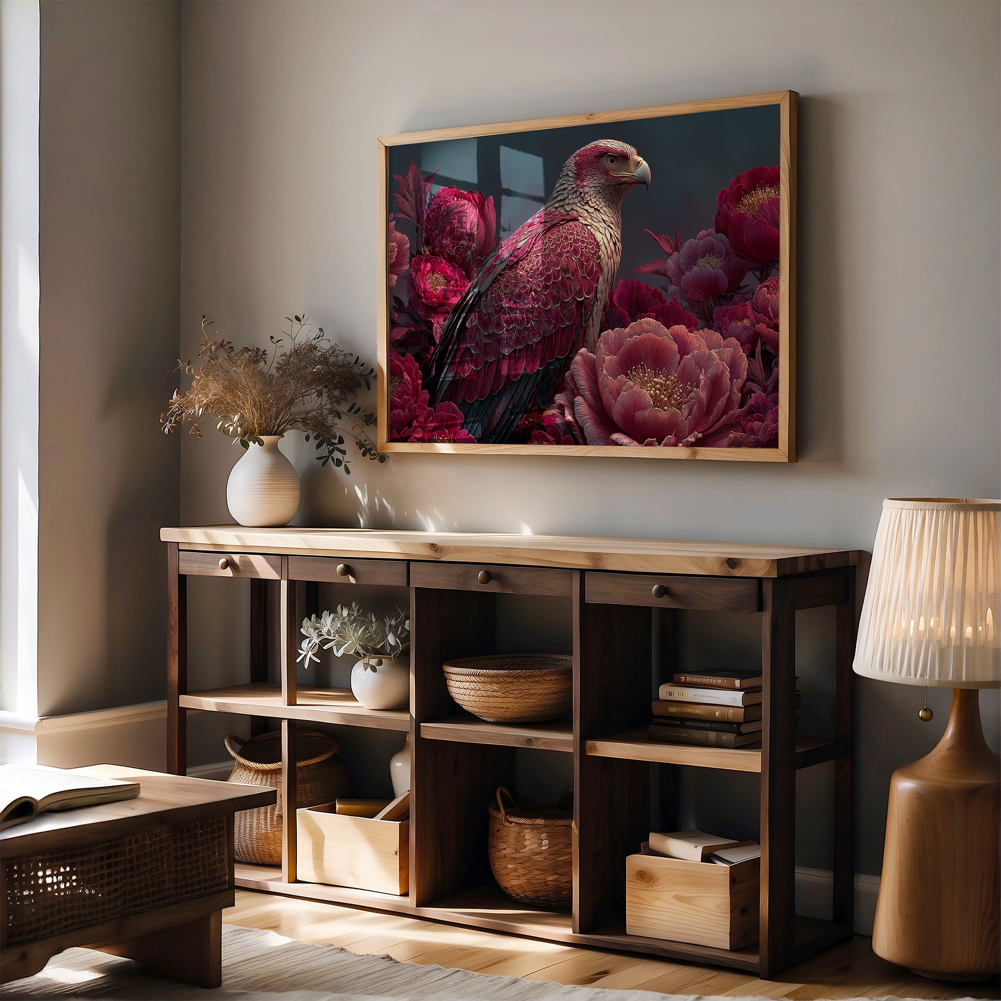 Crimson Eagle Among the Peonies