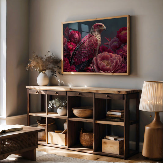 Crimson Eagle Among the Peonies