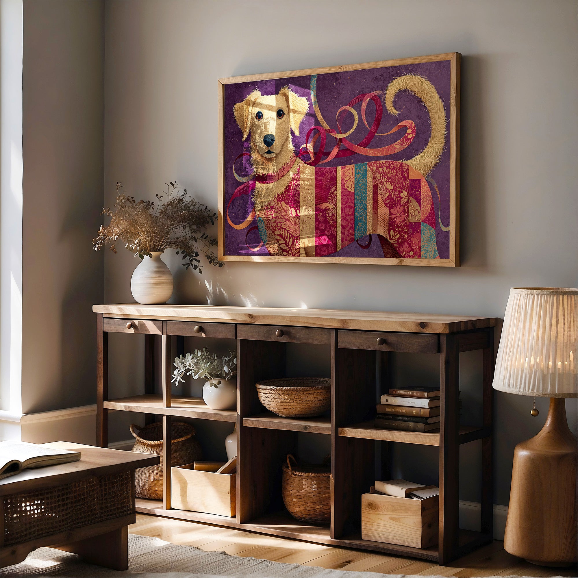 Golden Puppy in Patchwork Ribbons