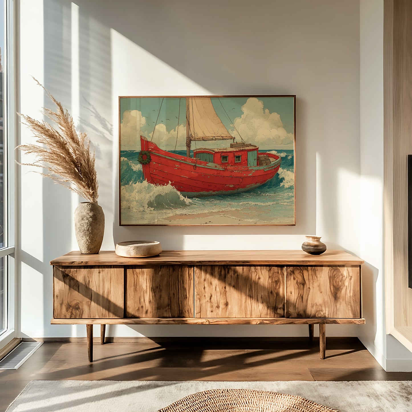 Weathered Red Boat with Wreath