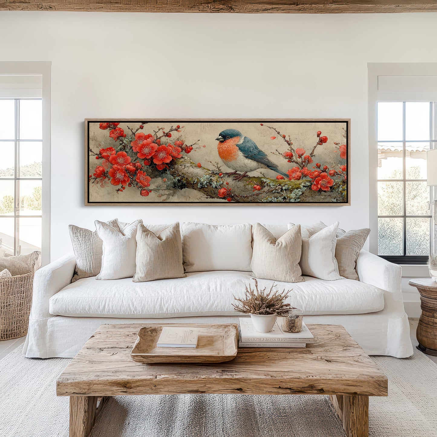 Songbird Among Scarlet Blossoms