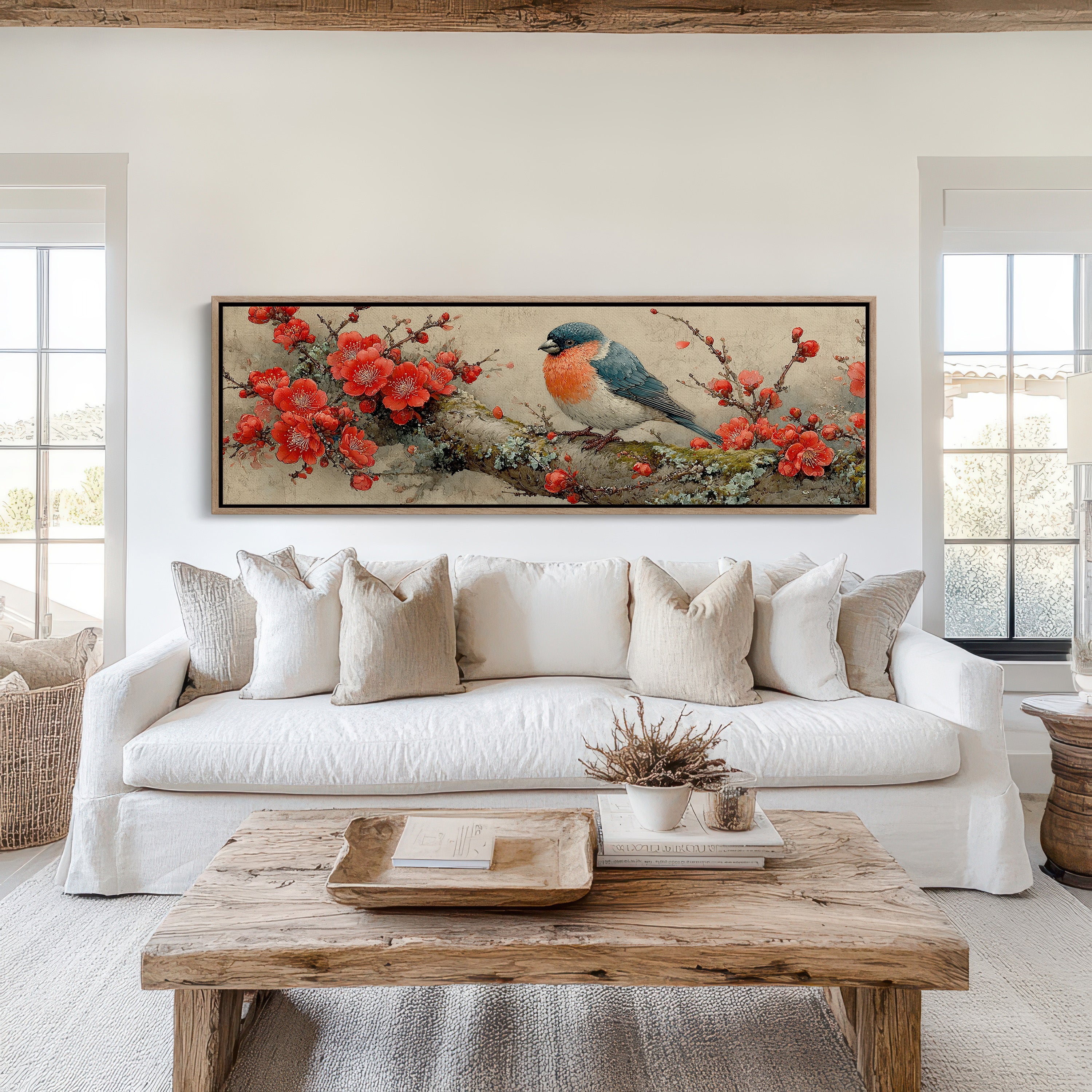 Songbird Among Scarlet Blossoms