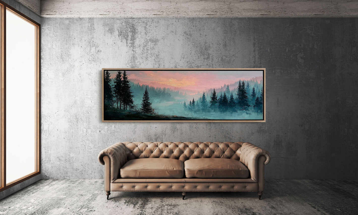 Misty Pines Beneath A Blushing Sky