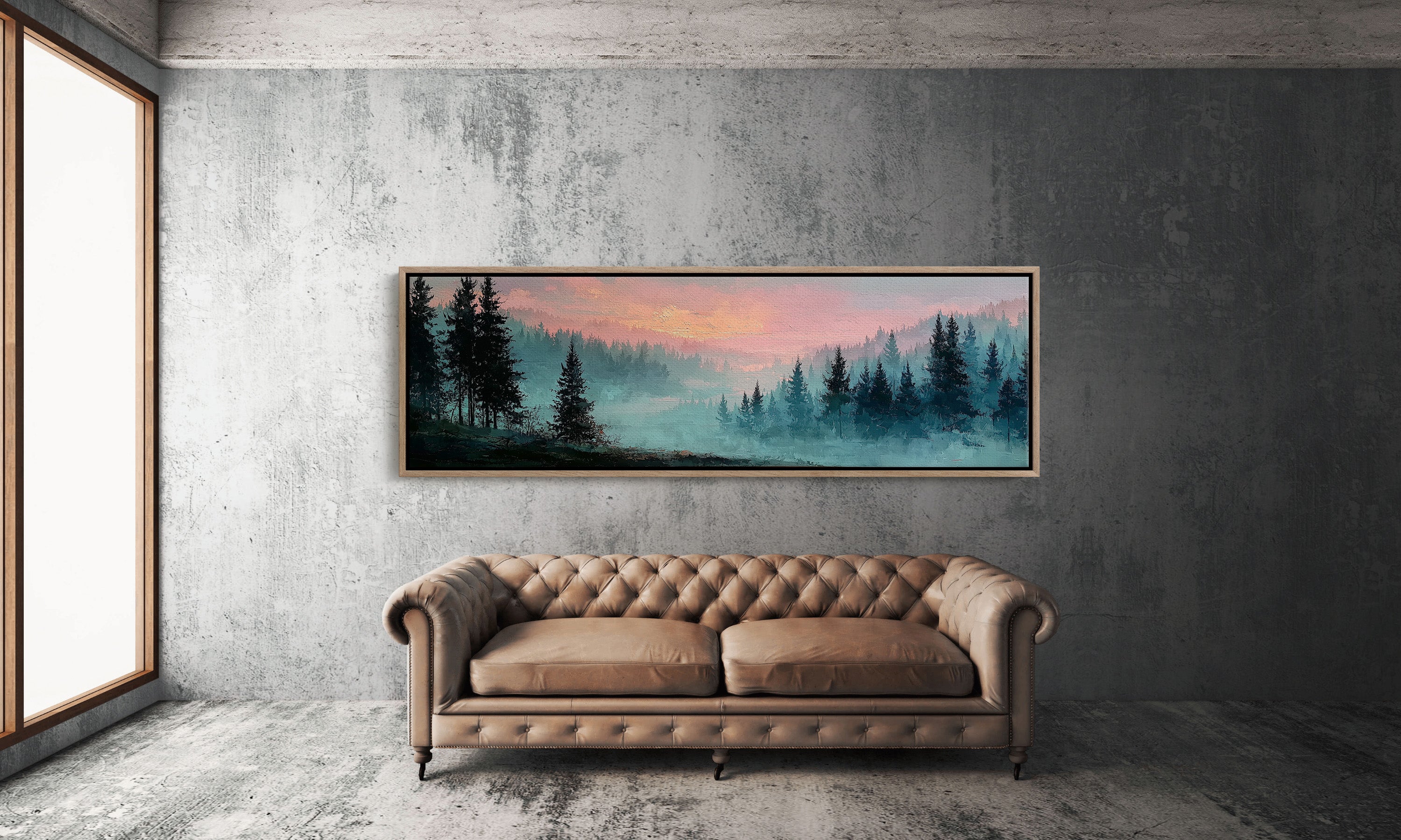 Misty Pines Beneath A Blushing Sky