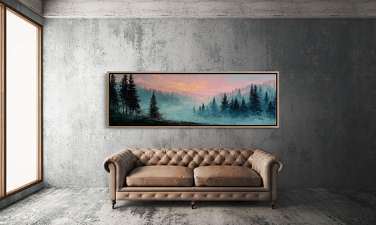 Misty Pines Beneath A Blushing Sky