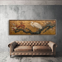 Egret Among Crimson Plum Blossoms