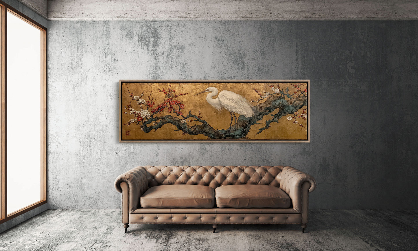 Egret Among Crimson Plum Blossoms
