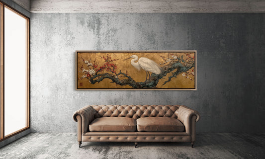 Egret Among Crimson Plum Blossoms
