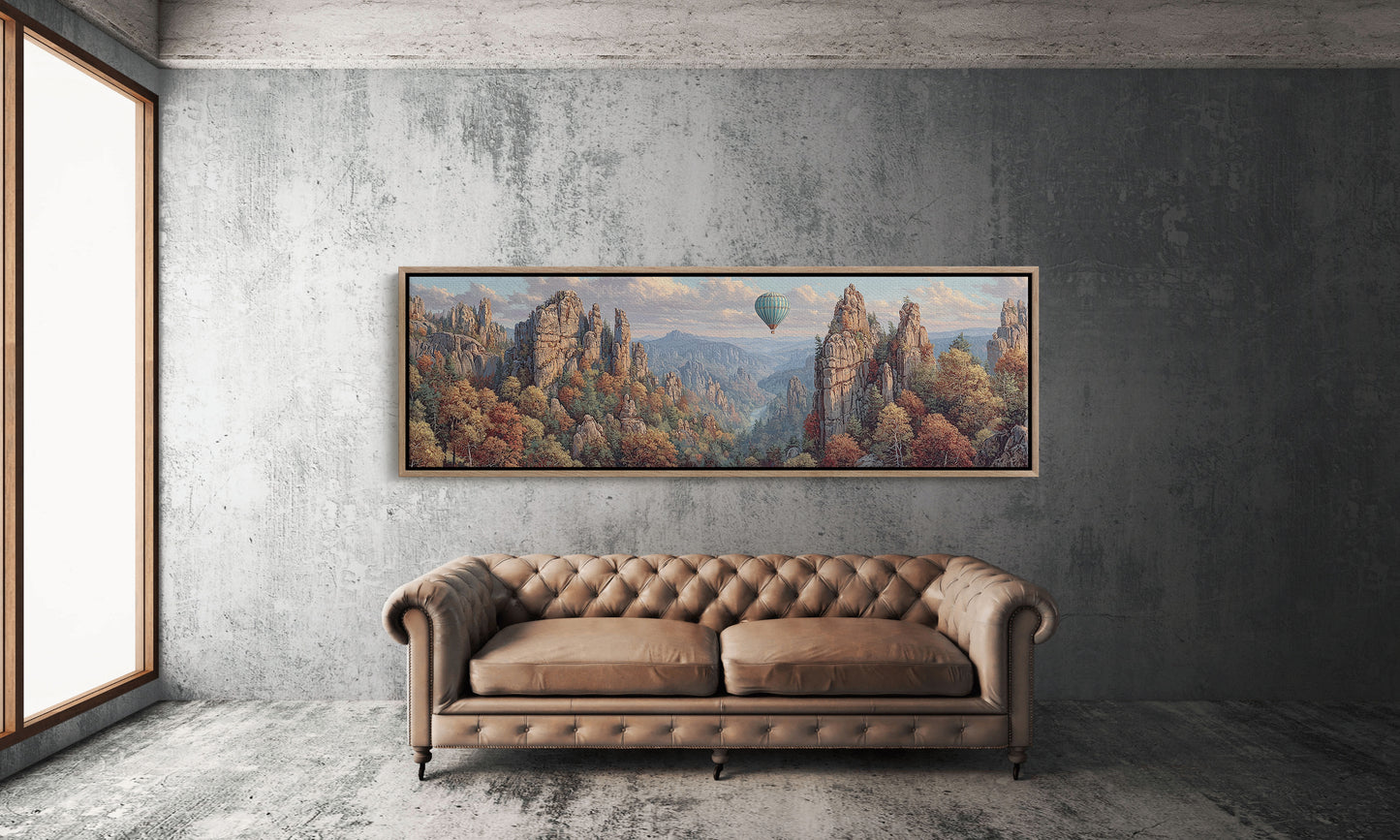 Hot Air Balloon Over Autumn Cliffs