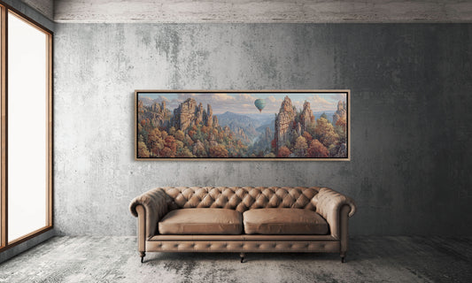 Hot Air Balloon Over Autumn Cliffs