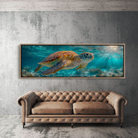 Sea Turtle Swimming In Sunlit Ocean