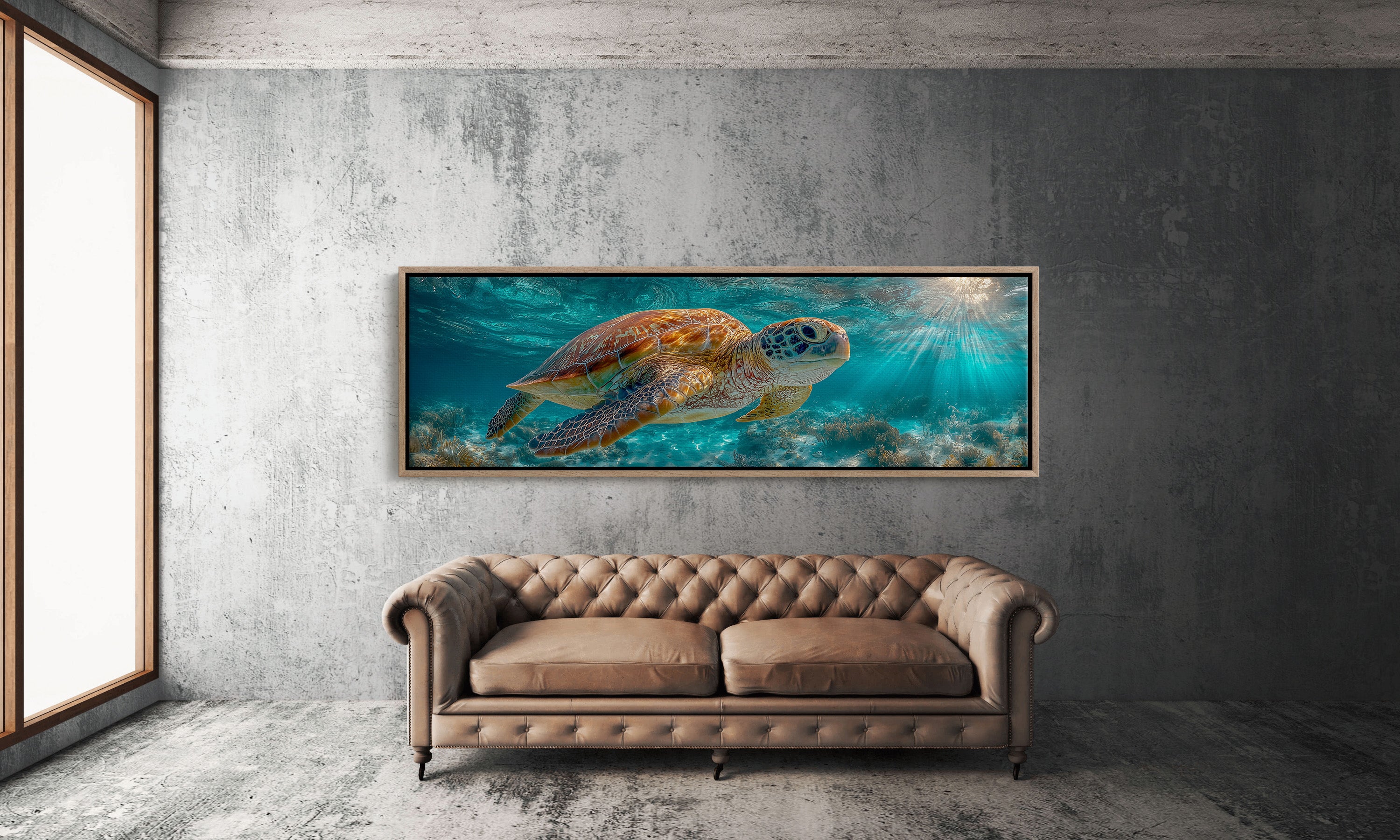 Sea Turtle Swimming In Sunlit Ocean