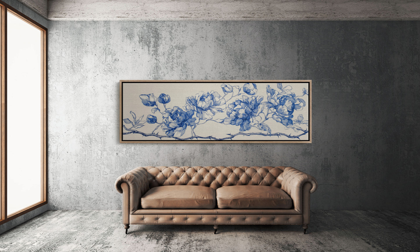 Blue Ink Roses On Thorned Vine