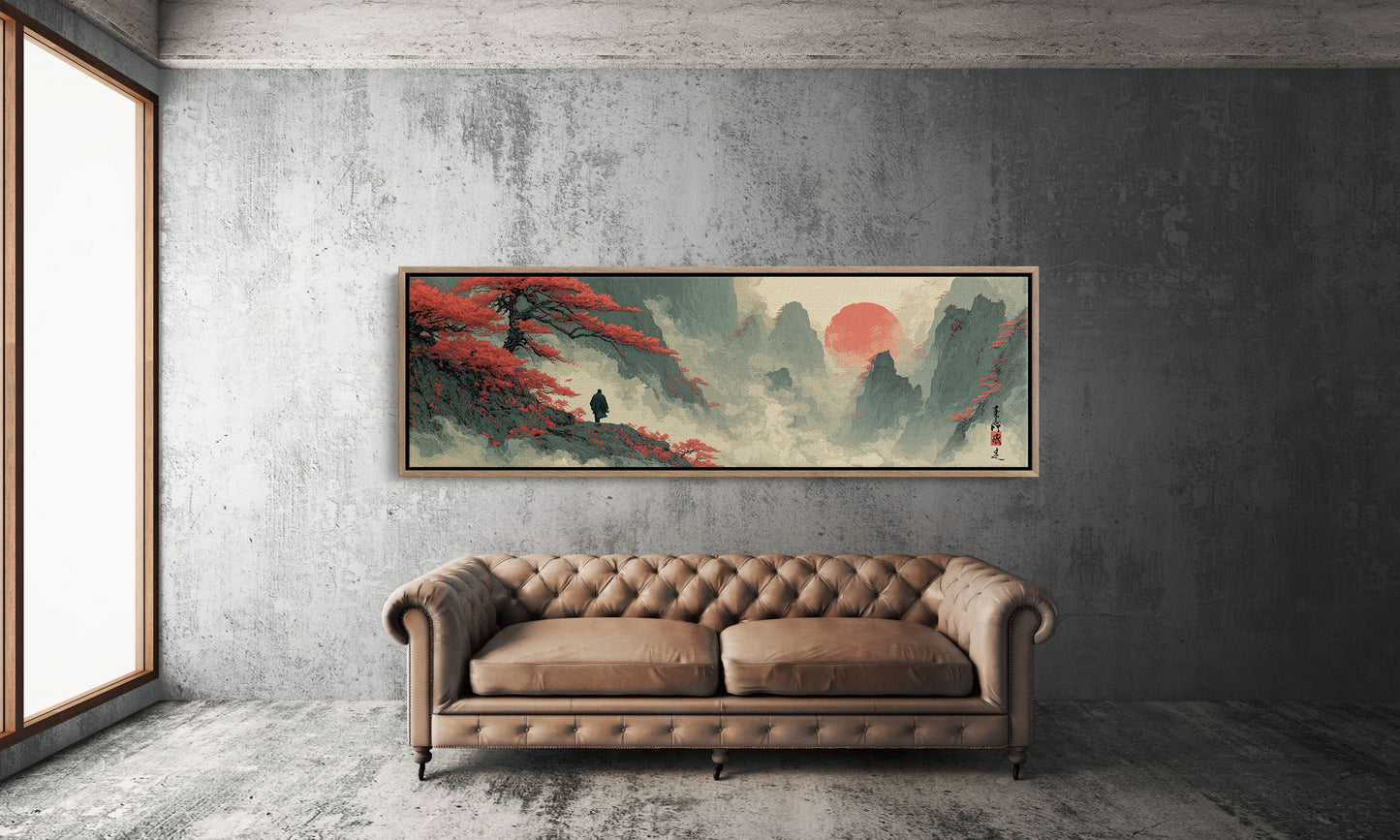 Red Sun Over Misty Mountain Peaks