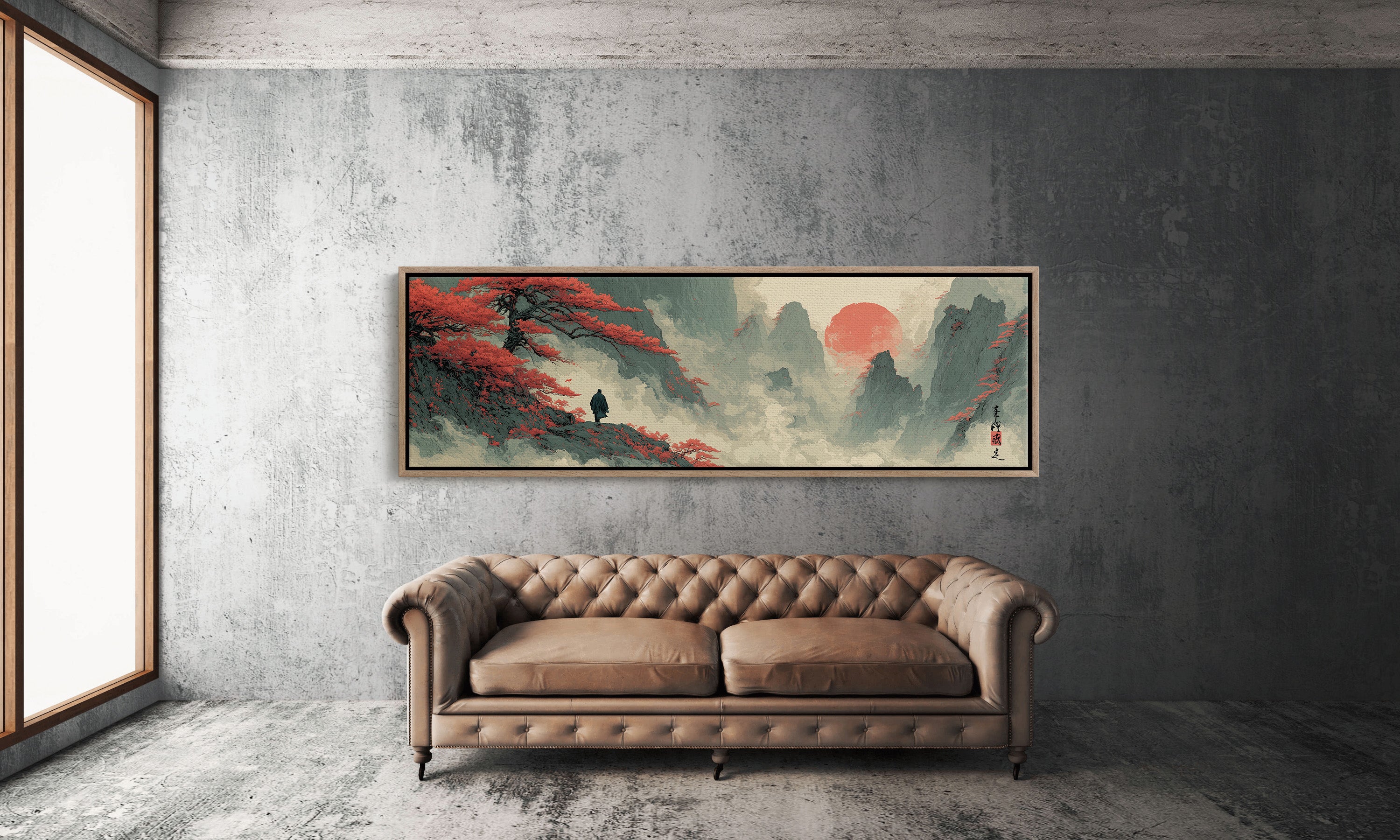 Red Sun Over Misty Mountain Peaks