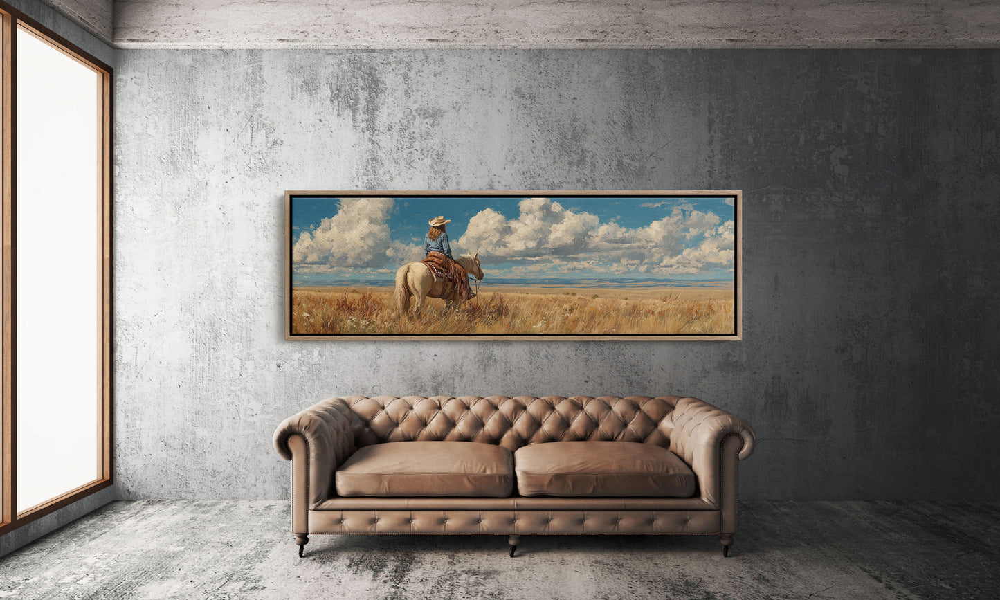 Cowgirl on Horse Overlooking Wide Western Prairie