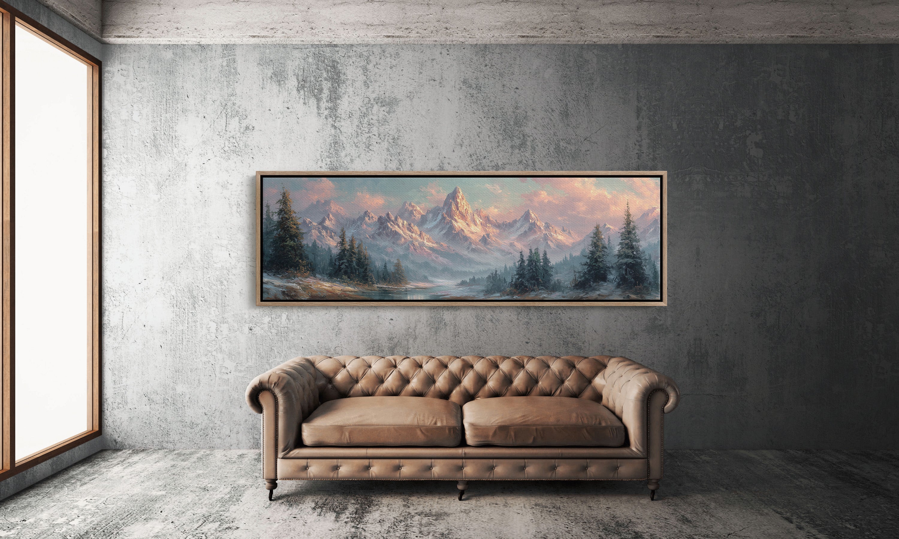 Sunlit Mountain Peaks at Dawn Over Frosted Forest