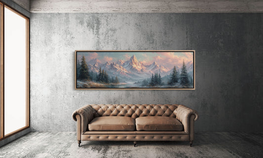 Sunlit Mountain Peaks at Dawn Over Frosted Forest