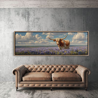 Texas Longhorn Standing in Blooming Bluebonnet Field