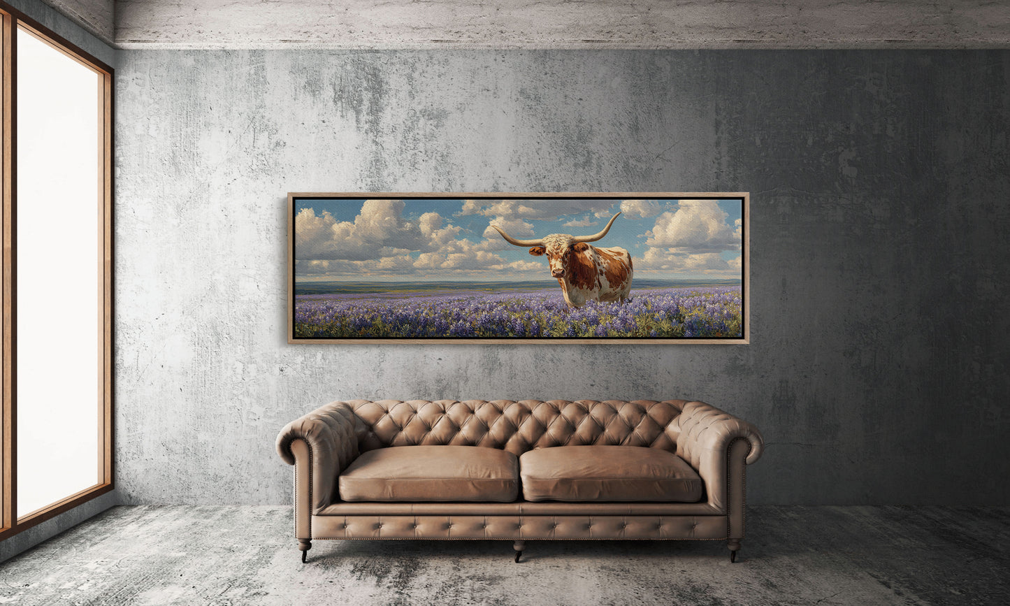 Texas Longhorn Standing in Blooming Bluebonnet Field
