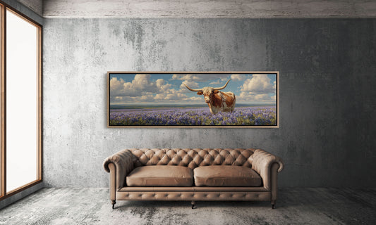 Texas Longhorn Standing in Blooming Bluebonnet Field