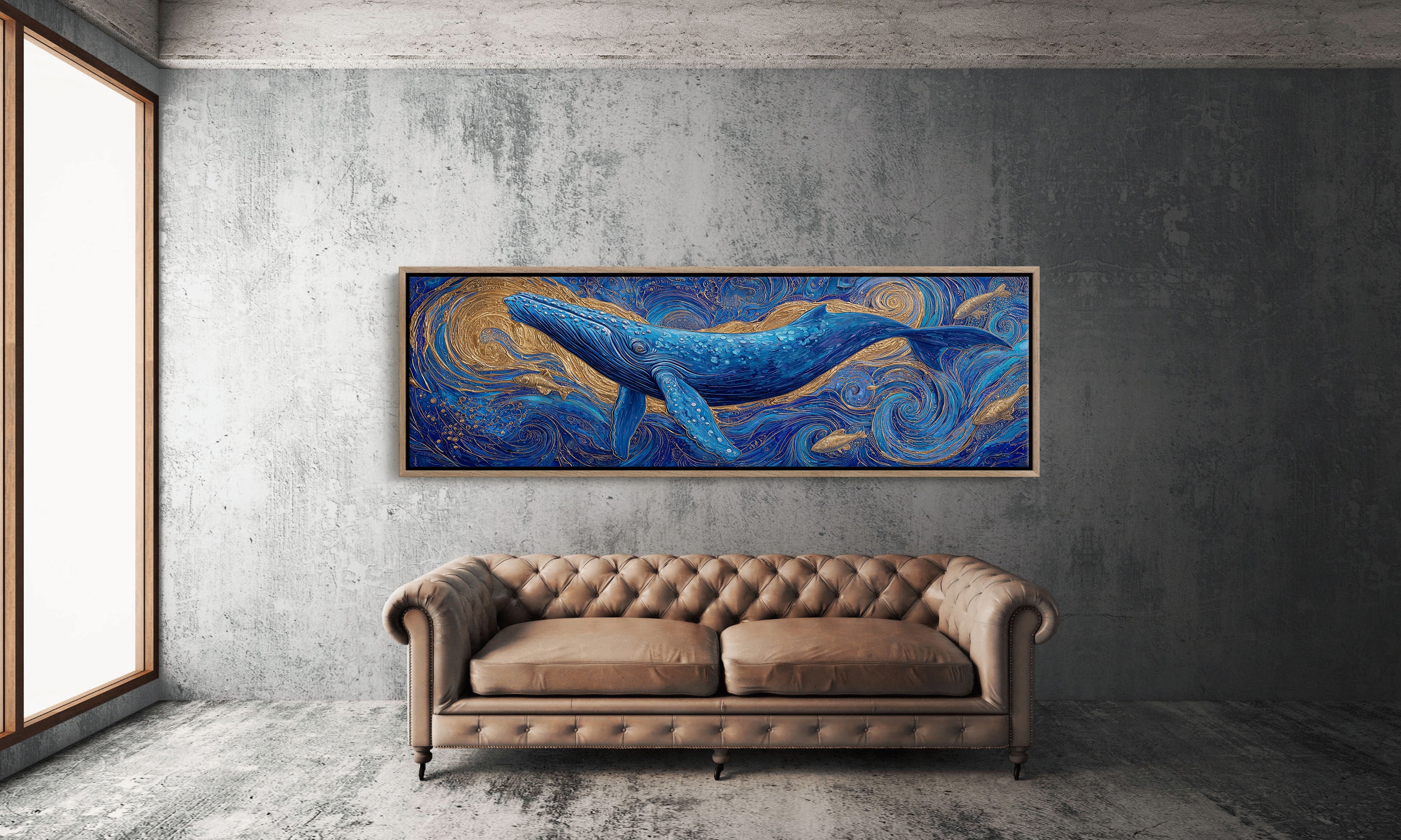 Majestic Blue Whale in Golden Ocean Swirl