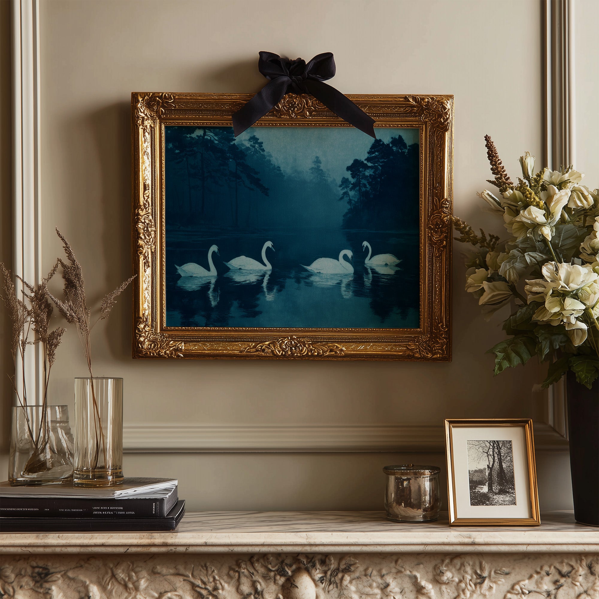 Swans Beneath the Midnight Mist
