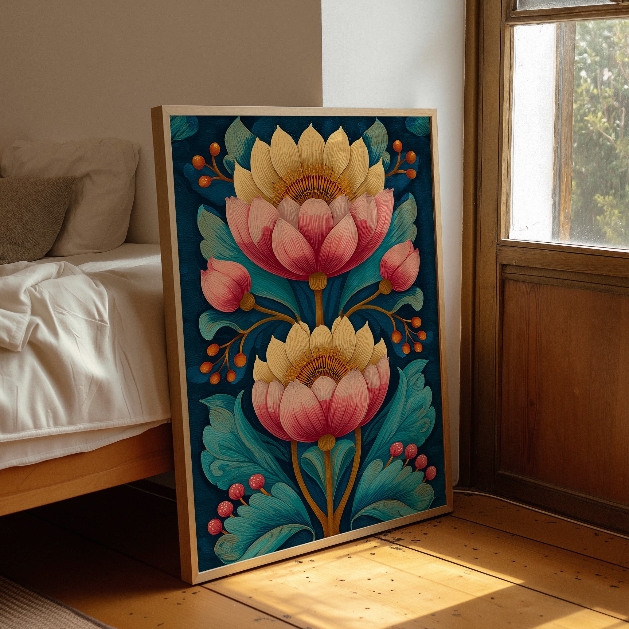 Folk Blooms on Deep Blue