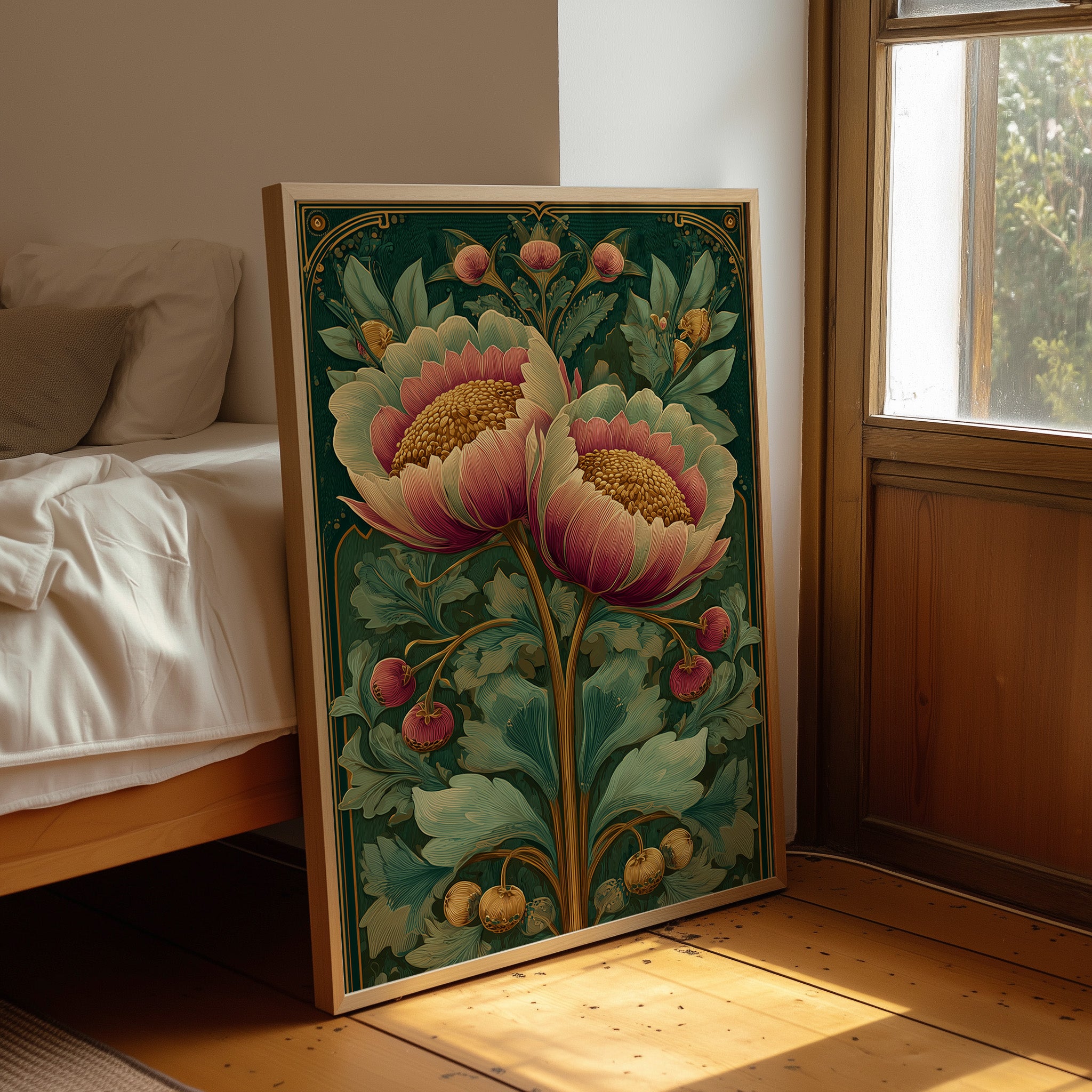 Two Peonies, One Gilded Stem