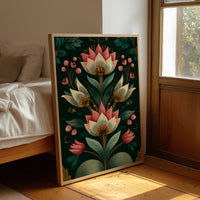 Pink Blooms on Darkened Green