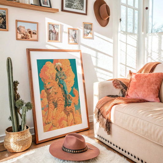 Cowgirl on a Giant Cat — Retro Surrealist Western Print