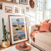Windmill and Bluebonnets — Texas Hill Country Oil Print