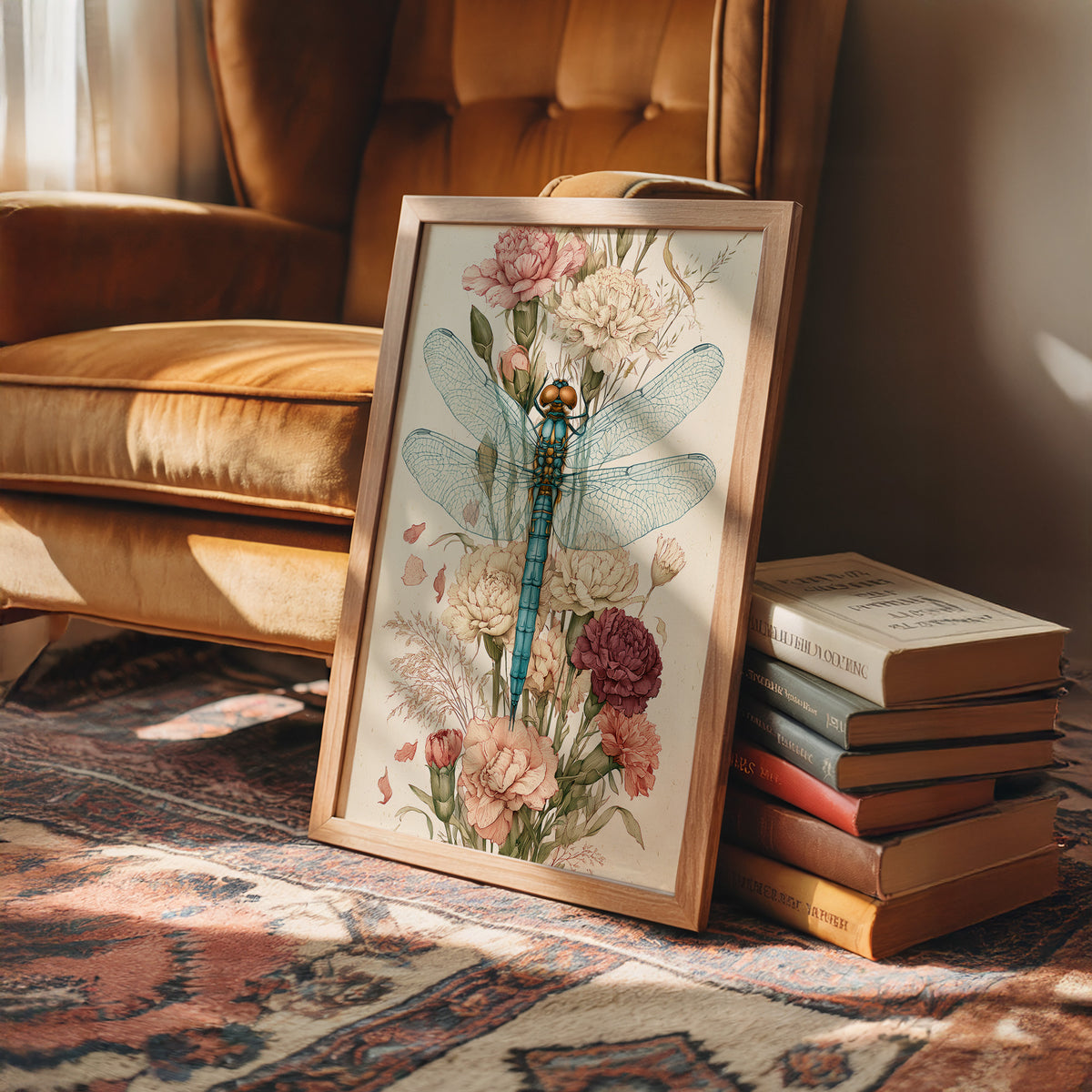 Dragonfly Among Carnations — Botanical Illustration Print