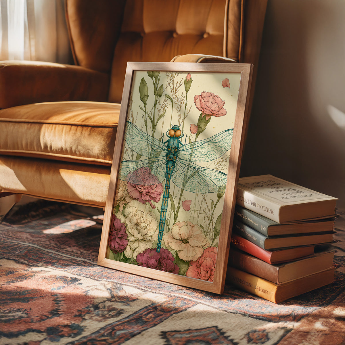 Dragonfly Among Carnations — Garden Bed Botanical Print