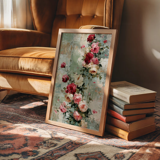 Climbing Roses on Plaster — Crimson Drip Impasto Painting