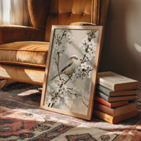 Long-Tailed Tit in Cherry Blossoms — Grey Taupe Oil Painting