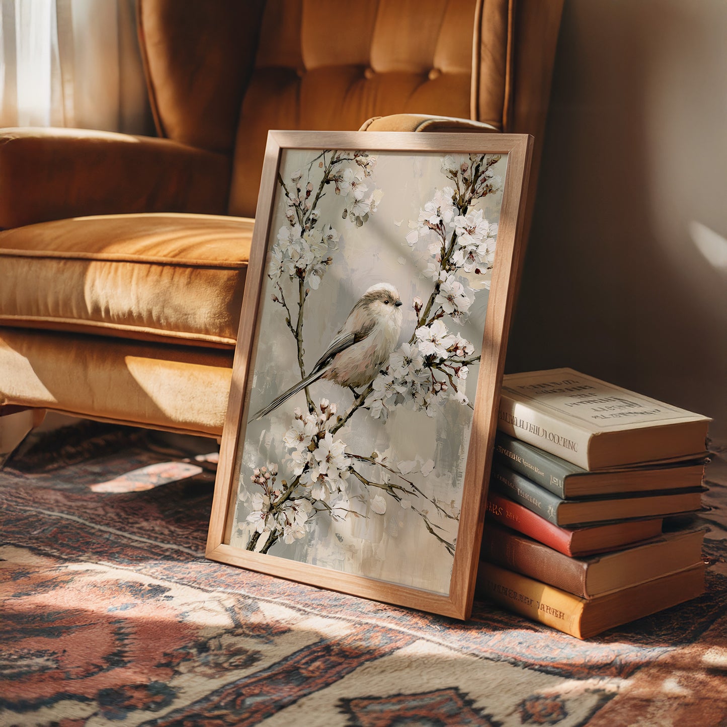 Long-Tailed Tit in Cherry Blossoms — Grey Taupe Oil Painting