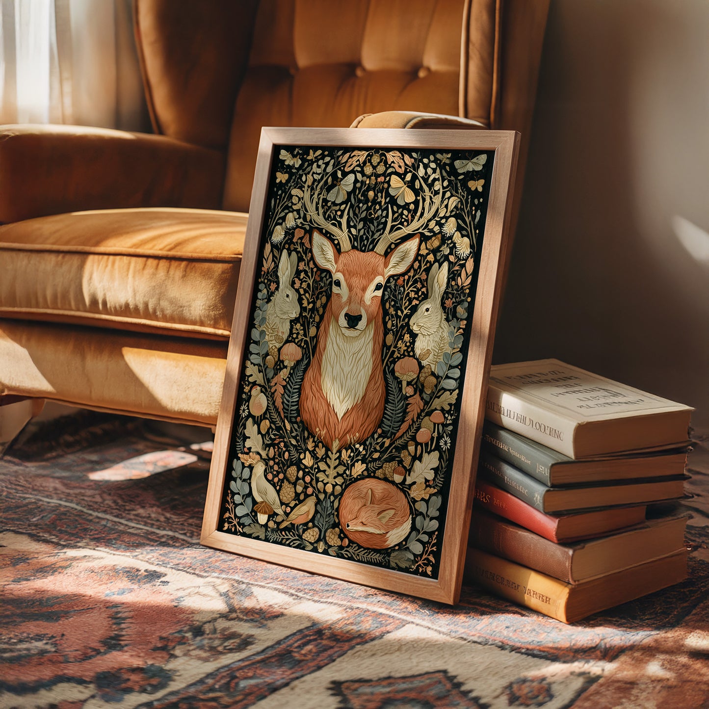 Woodland Tapestry — Dark Folk Art Deer and Forest Creatures