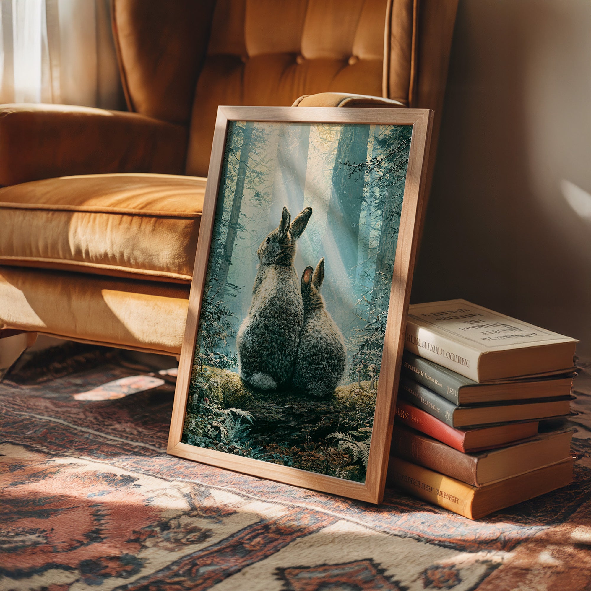 Two Rabbits in Morning Light — Forest Clearing Painting