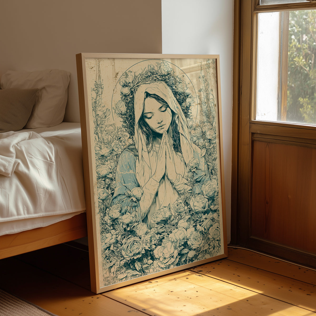 Madonna in Roses — Blue Wash Devotional Engraving