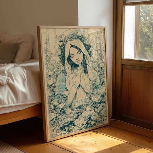 Madonna in Roses — Blue Wash Devotional Engraving