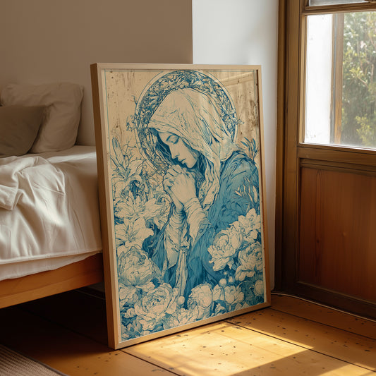 Madonna in Lilies — Cobalt Blue Devotional Engraving