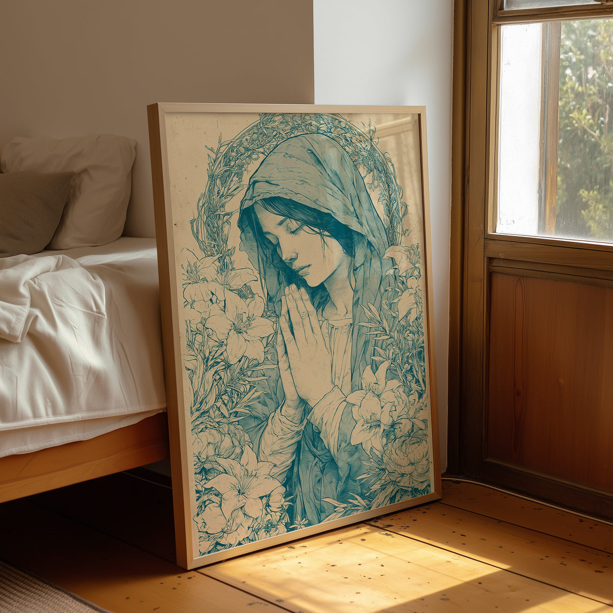 Madonna in Lilies — Teal Wash Devotional Portrait