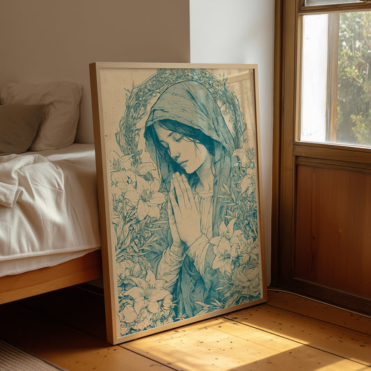 Madonna in Lilies — Teal Wash Devotional Portrait