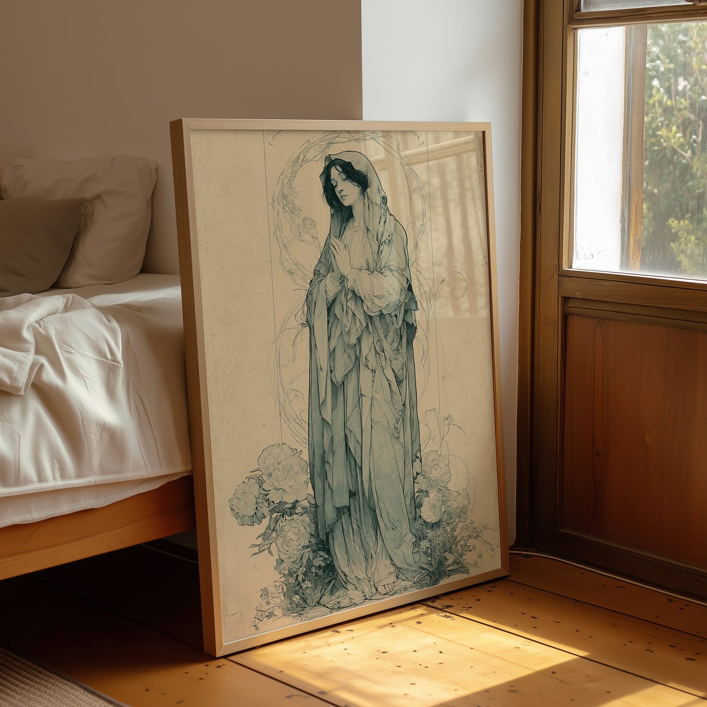 Madonna Among Peonies — Pre-Raphaelite Devotional Drawing