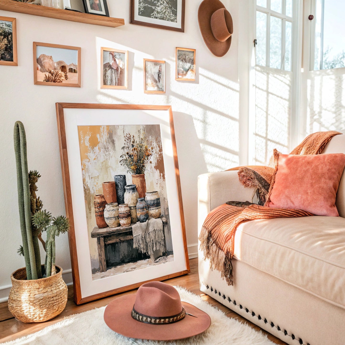 Bench of Boho Pots and Dried Blooms