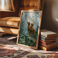 Retrievers Gazing Skyward in the Blue Forest